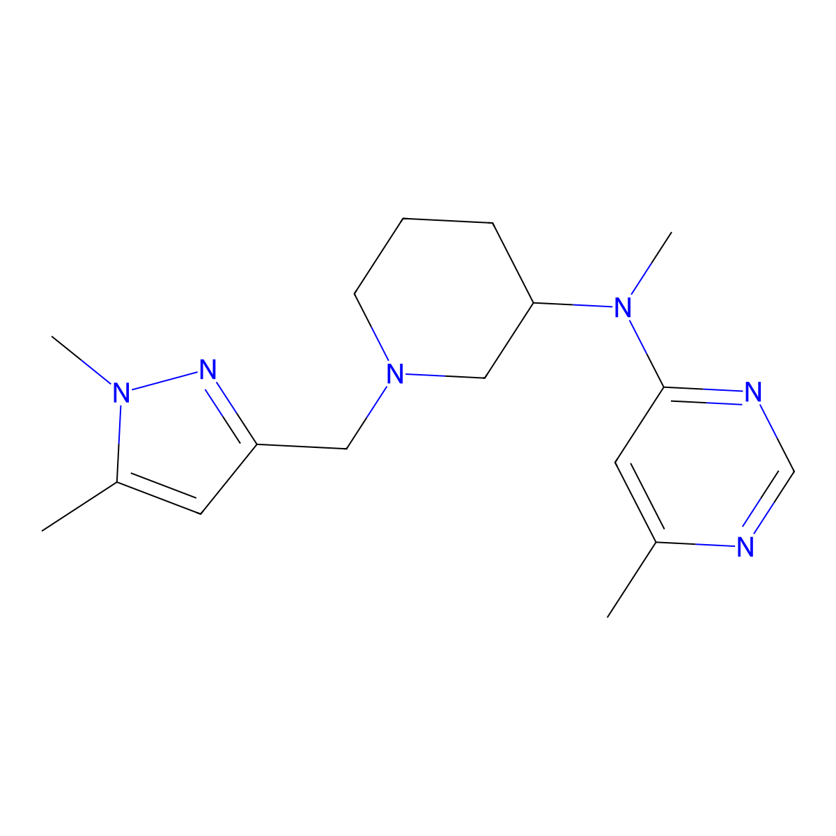 N-{1-[(1,5-dimethyl-1H-pyrazol-3-yl)methyl]piperidin-3-yl}-N,6-dimethylpyrimidin-4-amine molecular structure, CAS 3054626-67-1