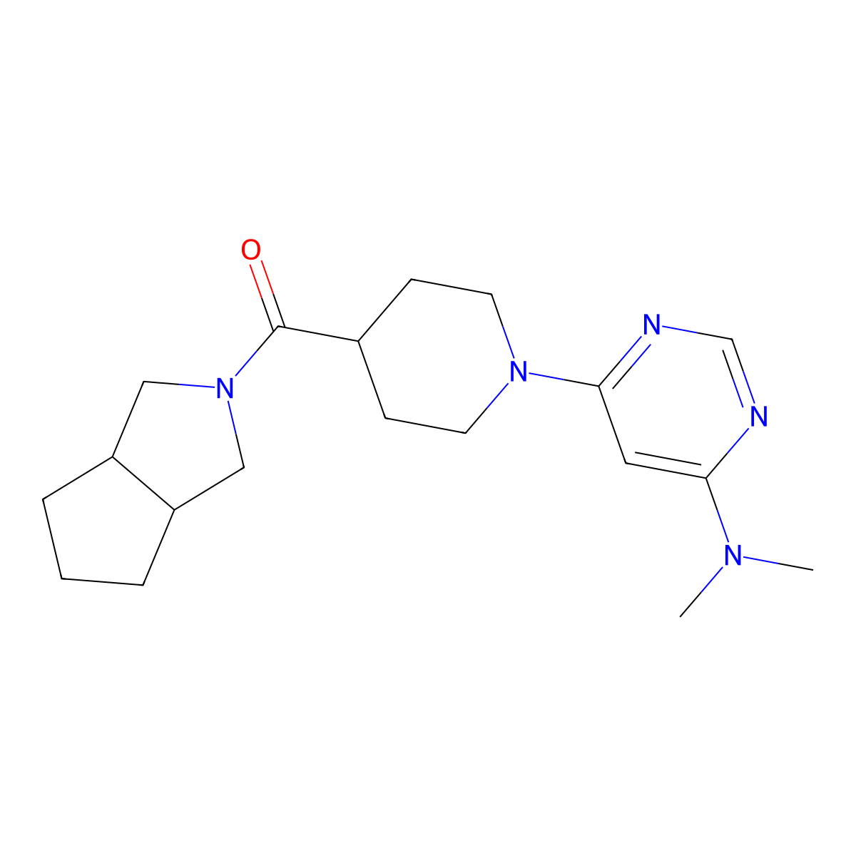 N,N-dimethyl-6-(4-{octahydrocyclopenta[c]pyrrole-2-carbonyl}piperidin-1-yl)pyrimidin-4-amine molecular structure, CAS 3054626-71-7