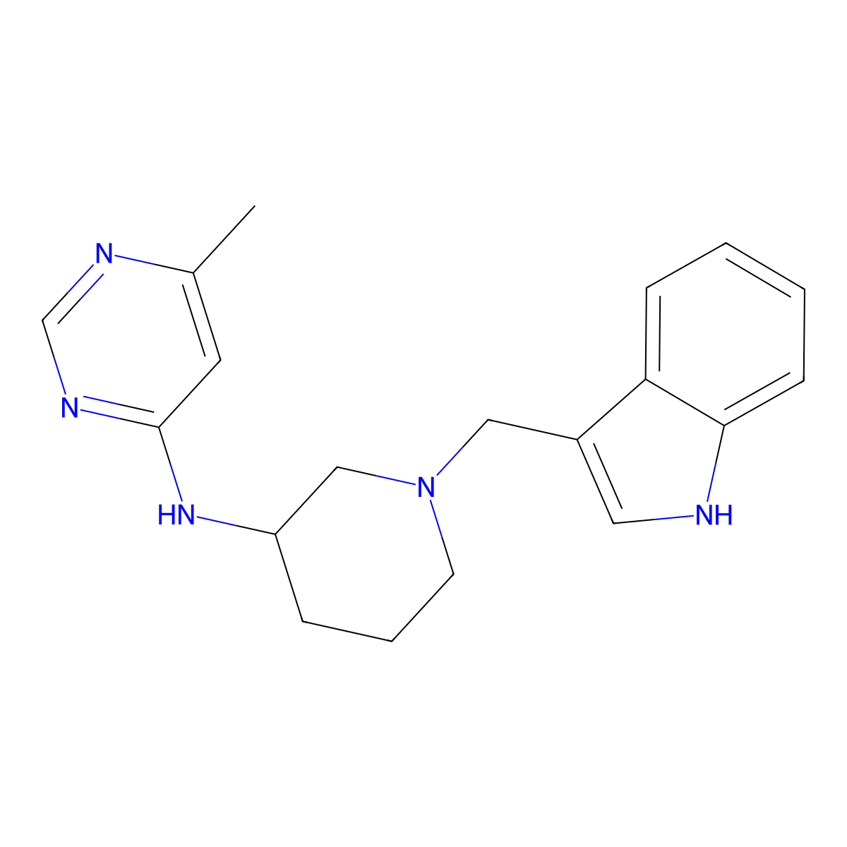 N-{1-[(1H-indol-3-yl)methyl]piperidin-3-yl}-6-methylpyrimidin-4-amine molecular structure, CAS 3054626-76-2