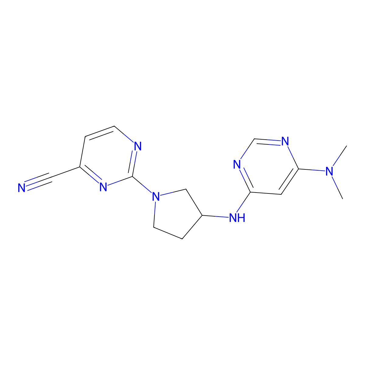 2-(3-{[6-(Dimethylamino)pyrimidin-4-yl]amino}pyrrolidin-1-yl)pyrimidine-4-carbonitrile molecular structure, CAS 3054626-81-9
