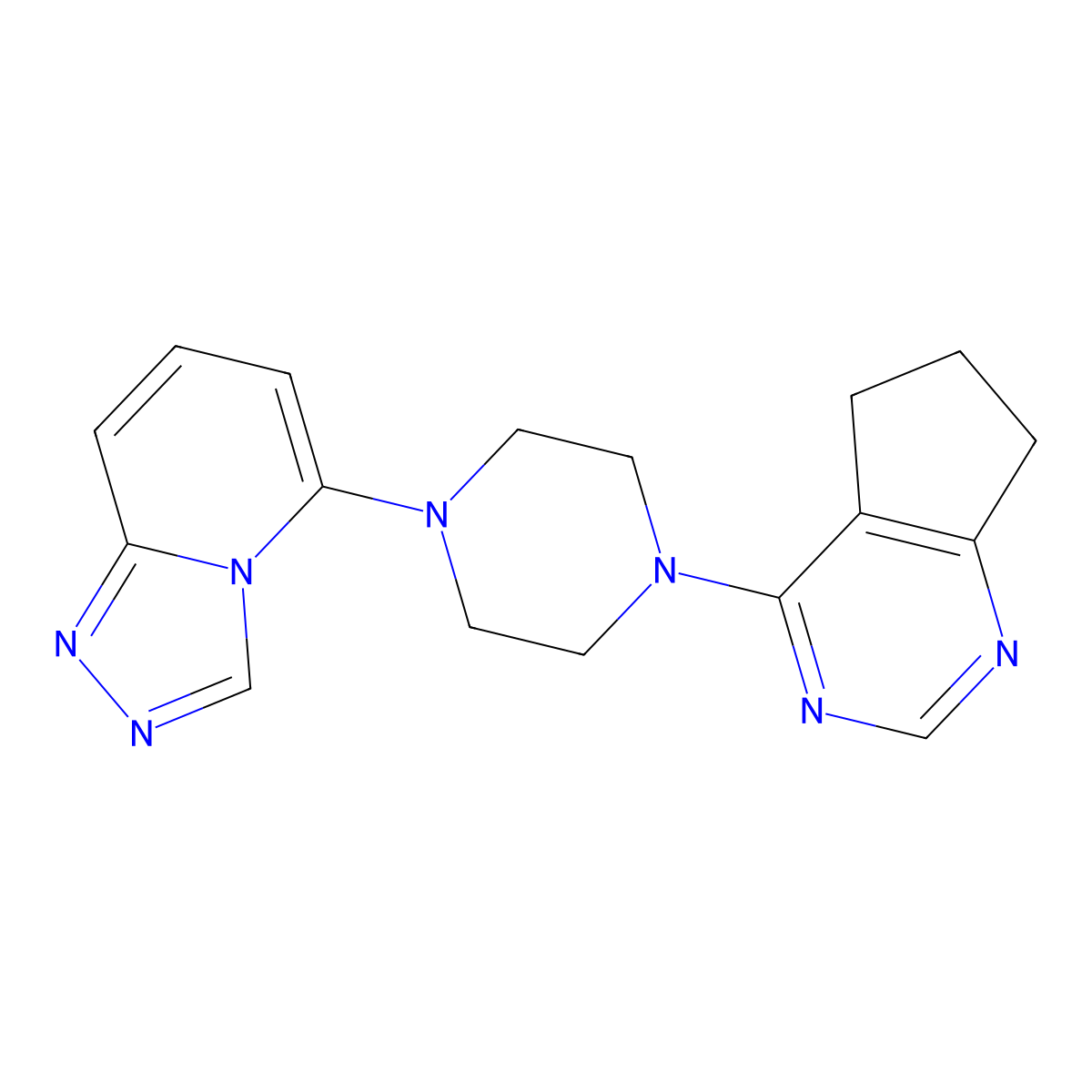 1-{5H,6H,7H-cyclopenta[d]pyrimidin-4-yl}-4-{[1,2,4]triazolo[4,3-a]pyridin-5-yl}piperazine molecular structure, CAS 3054626-84-2