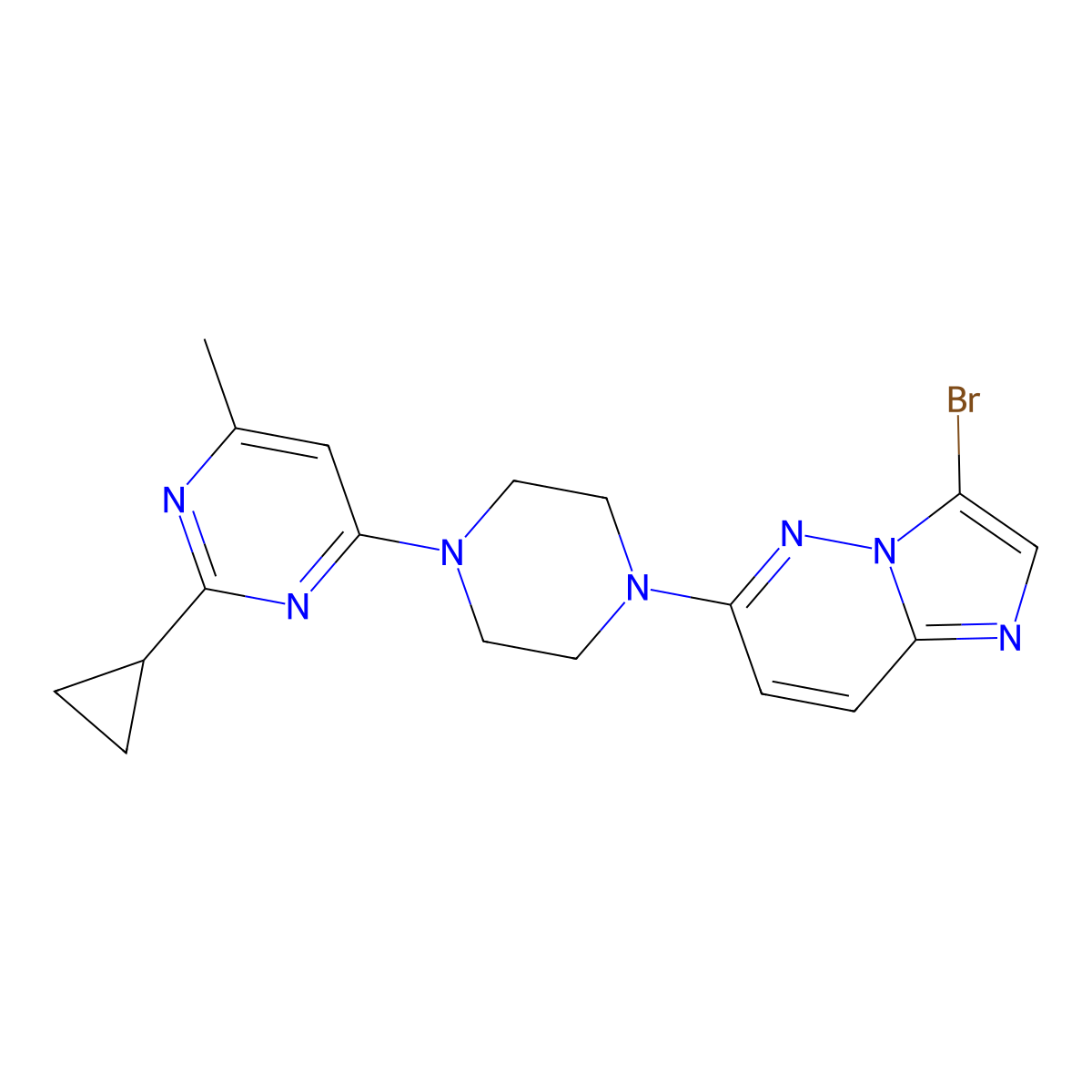 4-(4-{3-Bromoimidazo[1,2-b]pyridazin-6-yl}piperazin-1-yl)-2-cyclopropyl-6-methylpyrimidine molecular structure, CAS 3054626-86-4