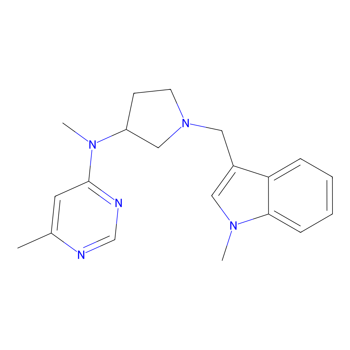 N,6-dimethyl-N-{1-[(1-methyl-1H-indol-3-yl)methyl]pyrrolidin-3-yl}pyrimidin-4-amine molecular structure, CAS 3054627-00-5