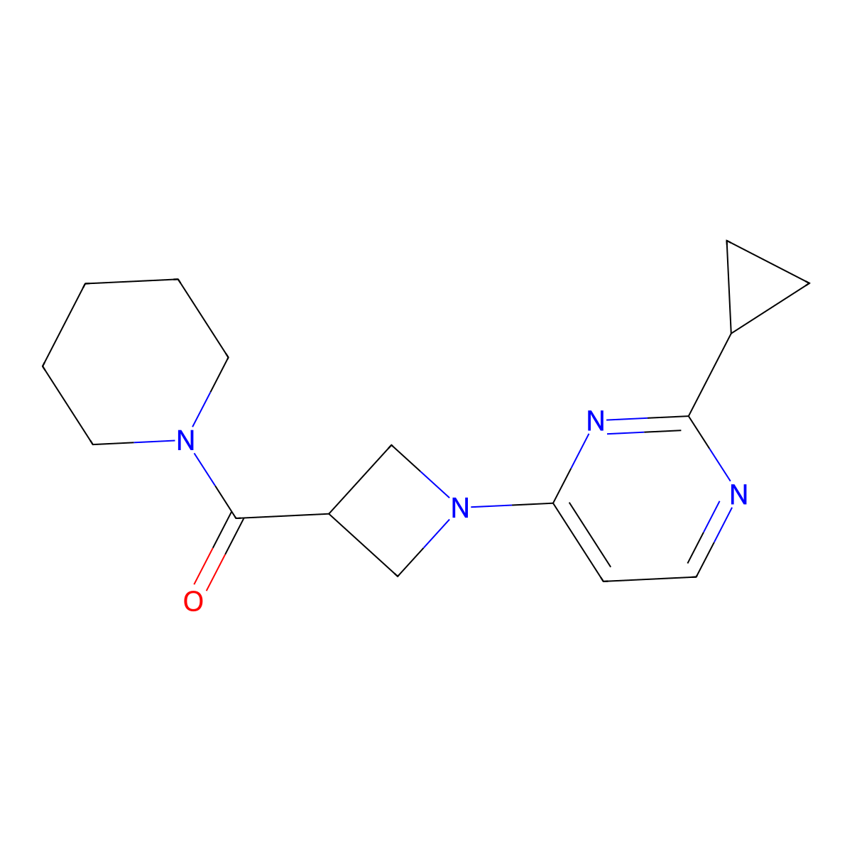 2-Cyclopropyl-4-[3-(piperidine-1-carbonyl)azetidin-1-yl]pyrimidine molecular structure, CAS 3054627-11-8