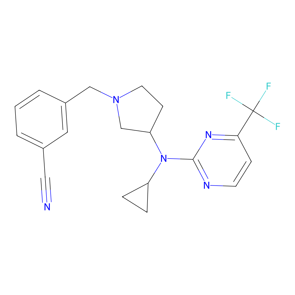 3-[(3-{Cyclopropyl[4-(trifluoromethyl)pyrimidin-2-yl]amino}pyrrolidin-1-yl)methyl]benzonitrile molecular structure, CAS 3054627-22-1