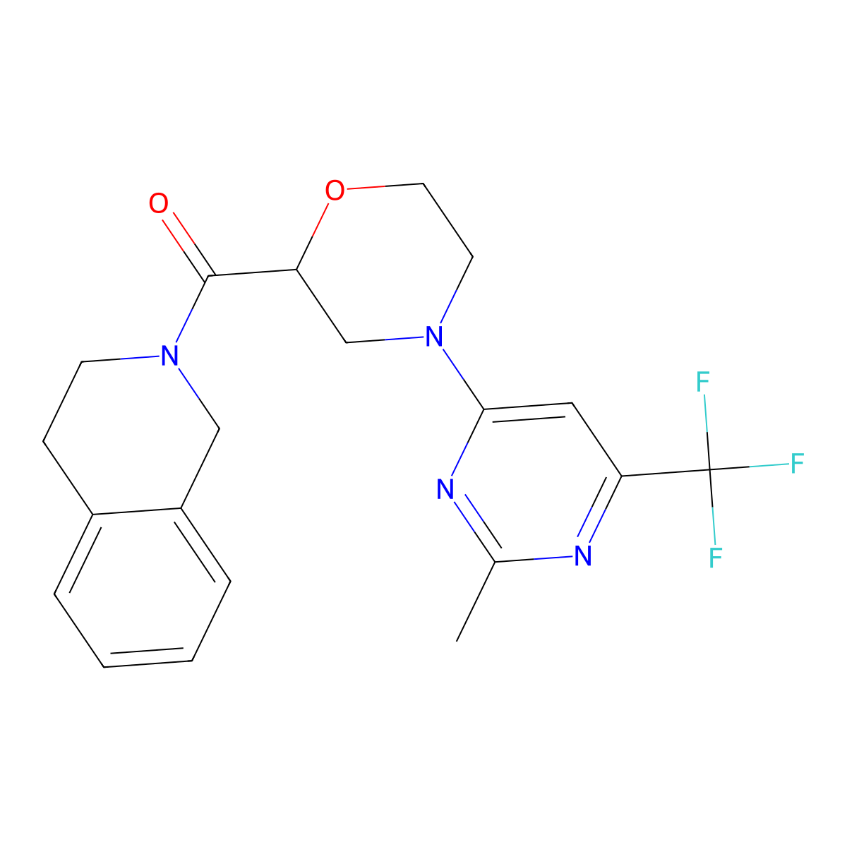 2-{4-[2-Methyl-6-(trifluoromethyl)pyrimidin-4-yl]morpholine-2-carbonyl}-1,2,3,4-tetrahydroisoquinoline molecular structure, CAS 3054627-33-4