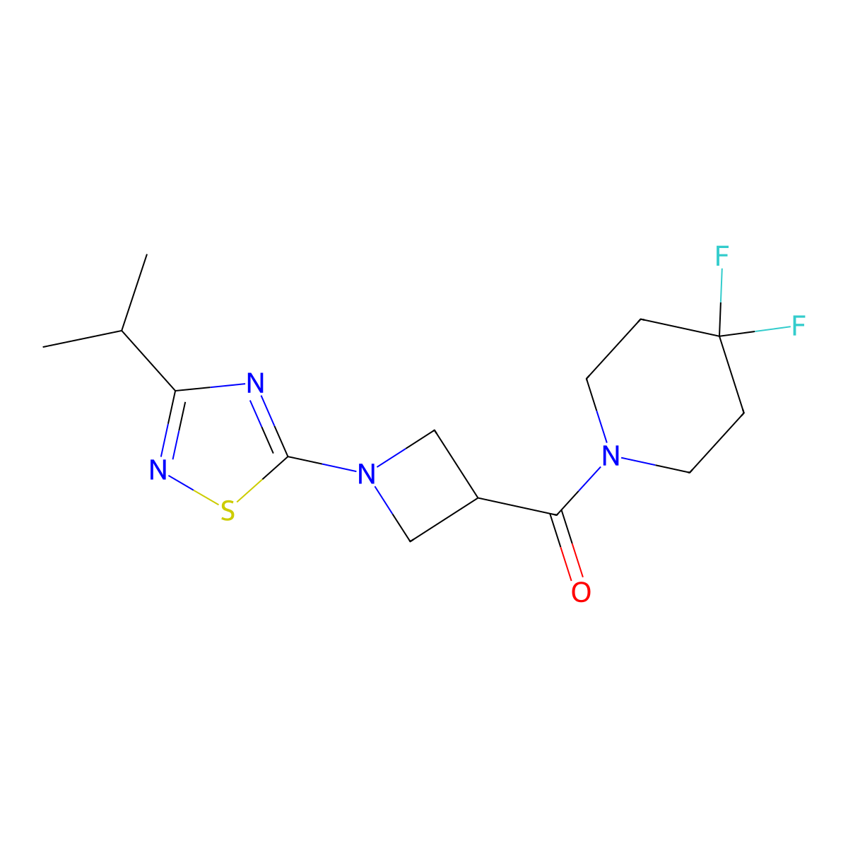 4,4-Difluoro-1-{1-[3-(propan-2-yl)-1,2,4-thiadiazol-5-yl]azetidine-3-carbonyl}piperidine molecular structure, CAS 3054627-38-9