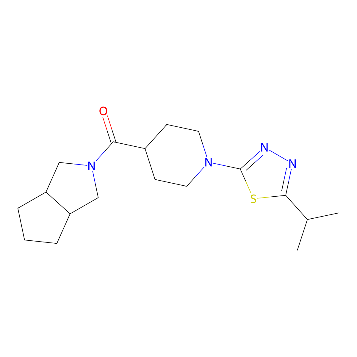 4-{Octahydrocyclopenta[c]pyrrole-2-carbonyl}-1-[5-(propan-2-yl)-1,3,4-thiadiazol-2-yl]piperidine molecular structure, CAS 3054627-47-0