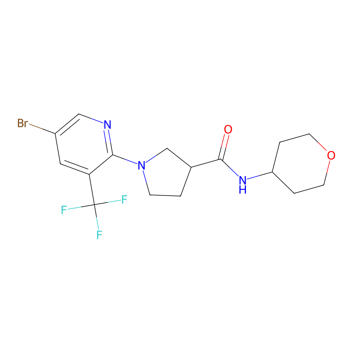 1-[5-bromo-3-(trifluoromethyl)pyridin-2-yl]-N-(oxan-4-yl)pyrrolidine-3-carboxamide molecular structure, CAS 3054627-50-5
