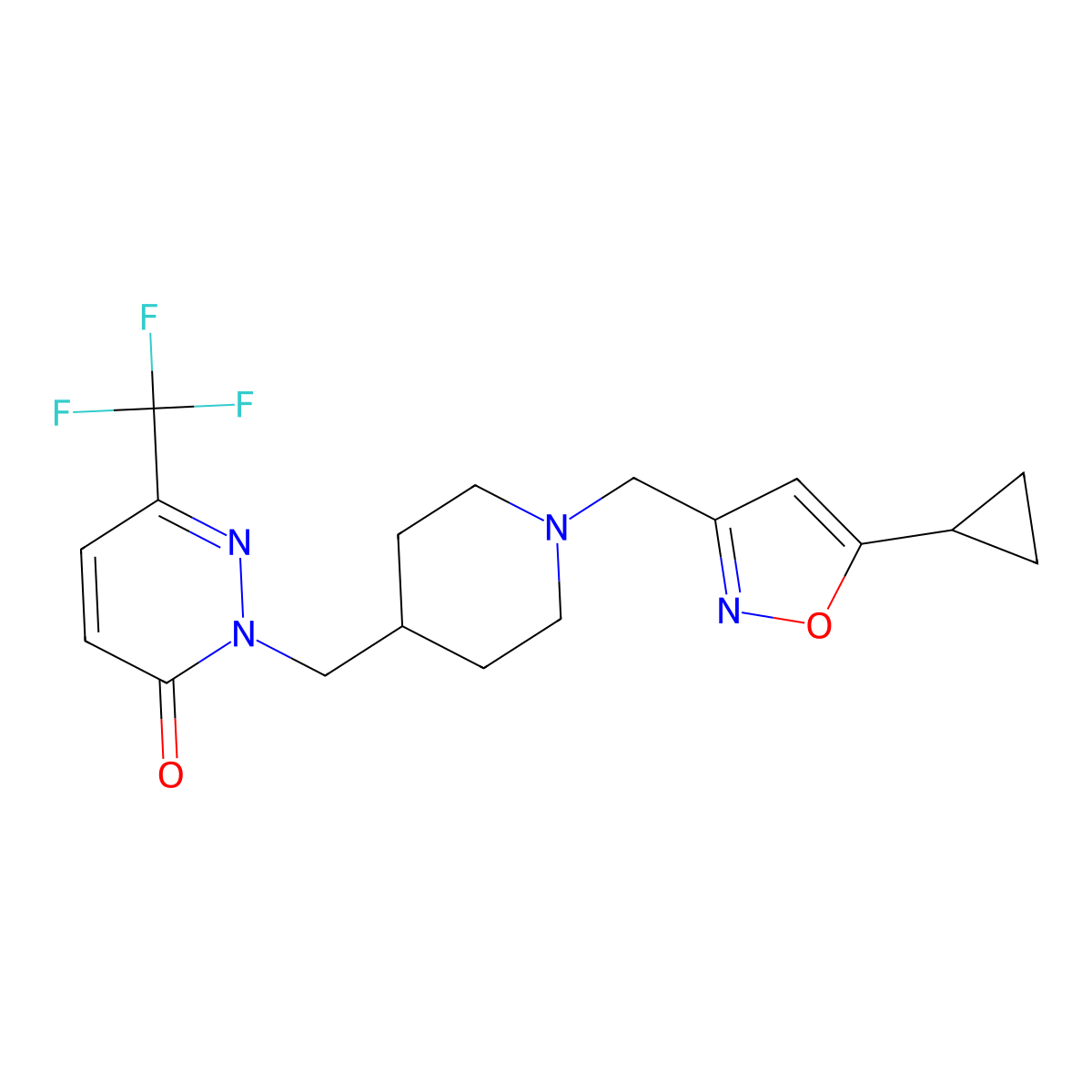2-({1-[(5-Cyclopropyl-1,2-oxazol-3-yl)methyl]piperidin-4-yl}methyl)-6-(trifluoromethyl)-2,3-dihydropyridazin-3-one molecular structure, CAS 3054627-60-7