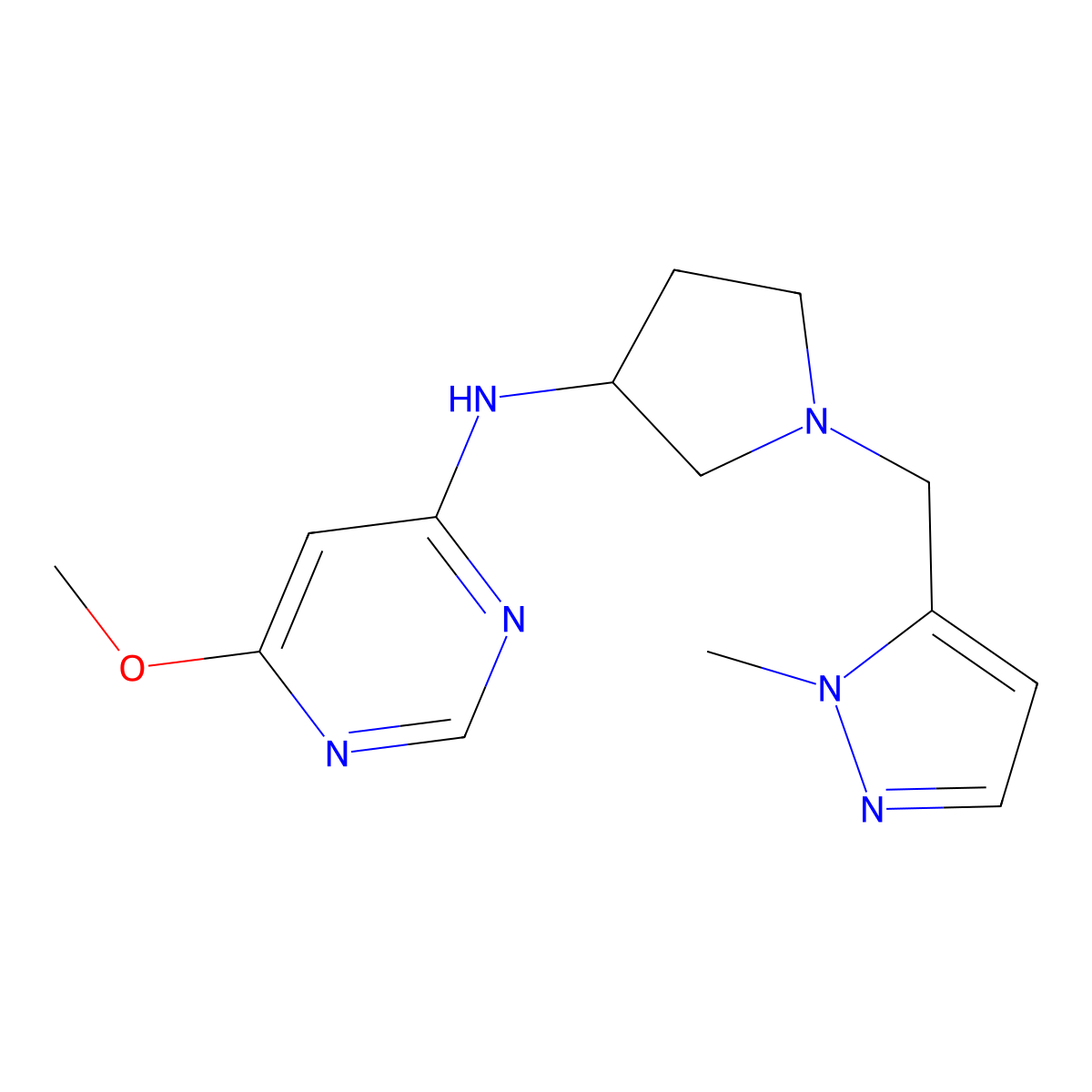 6-methoxy-N-{1-[(1-methyl-1H-pyrazol-5-yl)methyl]pyrrolidin-3-yl}pyrimidin-4-amine molecular structure, CAS 3054627-79-8