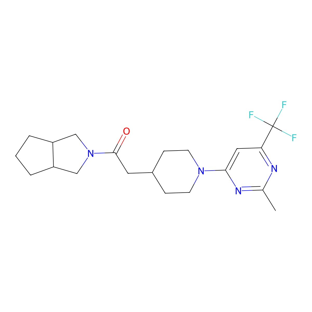 2-{1-[2-Methyl-6-(trifluoromethyl)pyrimidin-4-yl]piperidin-4-yl}-1-{octahydrocyclopenta[c]pyrrol-2-yl}ethan-1-one molecular structure, CAS 3054627-87-8