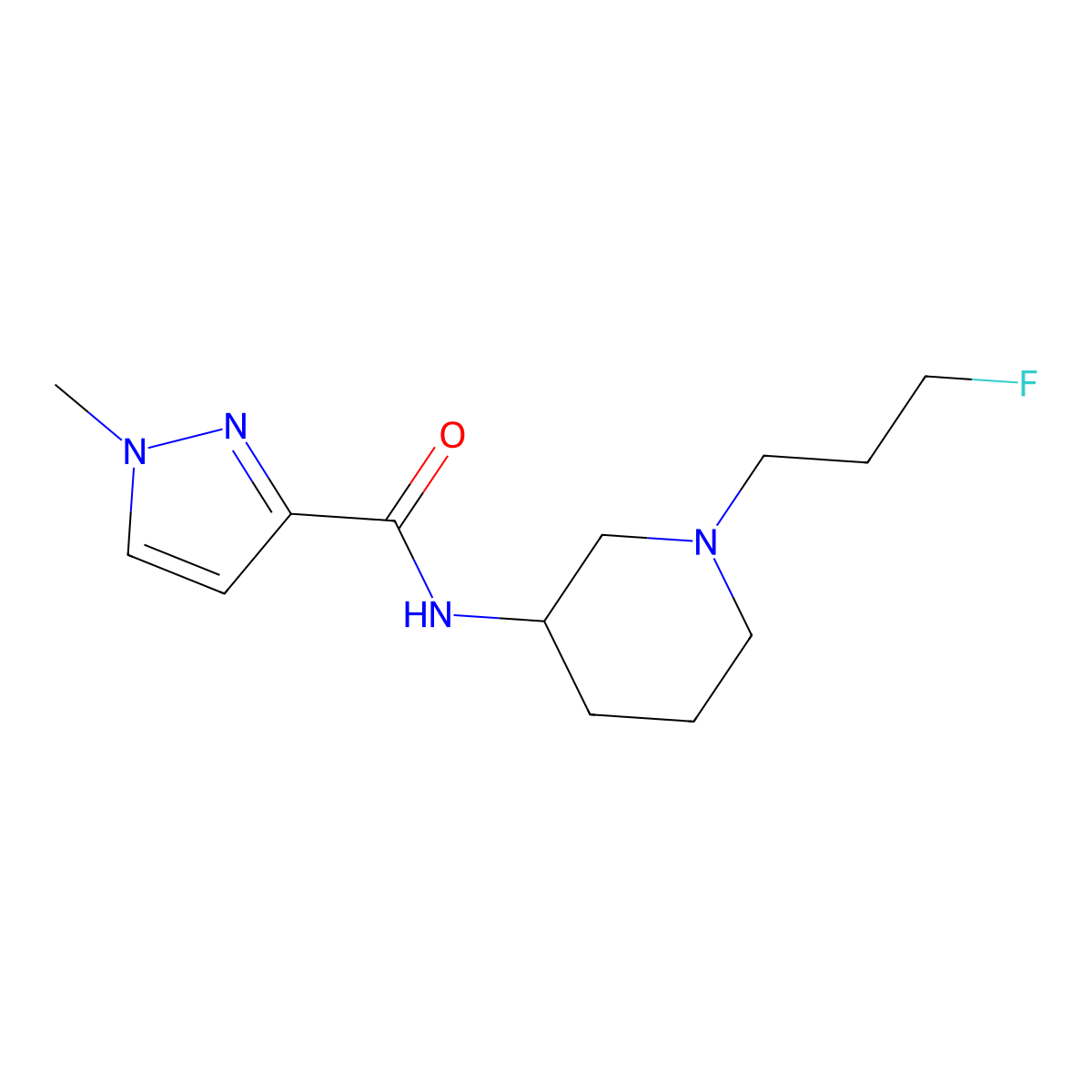 N-[1-(3-fluoropropyl)piperidin-3-yl]-1-methyl-1H-pyrazole-3-carboxamide molecular structure, CAS 3054627-89-0