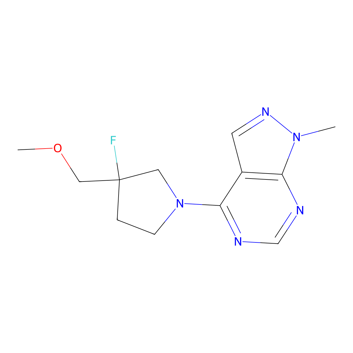3-fluoro-3-(methoxymethyl)-1-{1-methyl-1H-pyrazolo[3,4-d]pyrimidin-4-yl}pyrrolidine molecular structure, CAS 3054627-97-0