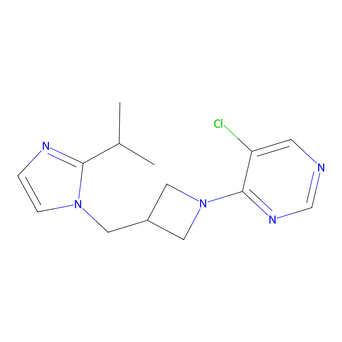 5-chloro-4-(3-{[2-(propan-2-yl)-1H-imidazol-1-yl]methyl}azetidin-1-yl)pyrimidine molecular structure, CAS 3054627-99-2