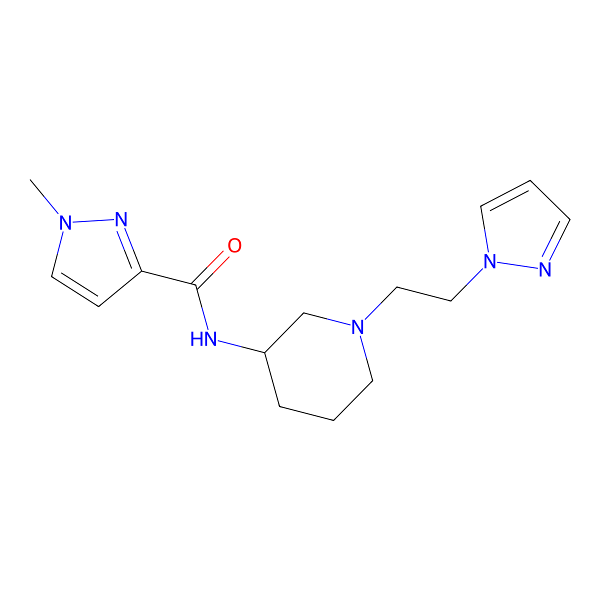 1-methyl-N-{1-[2-(1H-pyrazol-1-yl)ethyl]piperidin-3-yl}-1H-pyrazole-3-carboxamide molecular structure, CAS 3054628-00-8