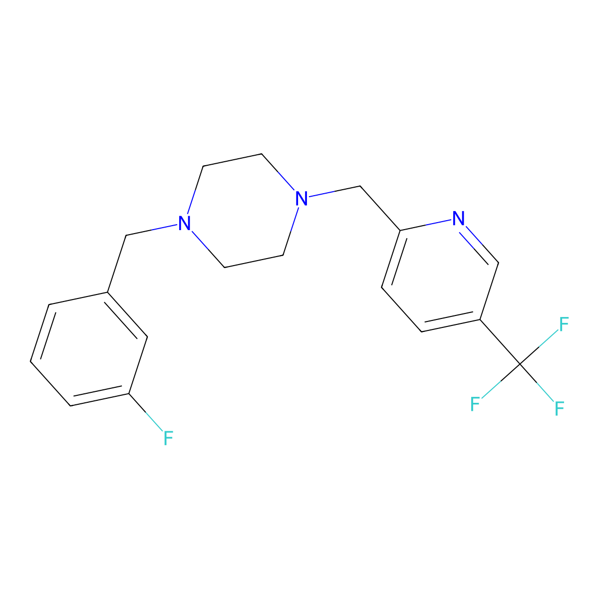 1-[(3-Fluorophenyl)methyl]-4-{[5-(trifluoromethyl)pyridin-2-yl]methyl}piperazine molecular structure, CAS 3054628-01-9