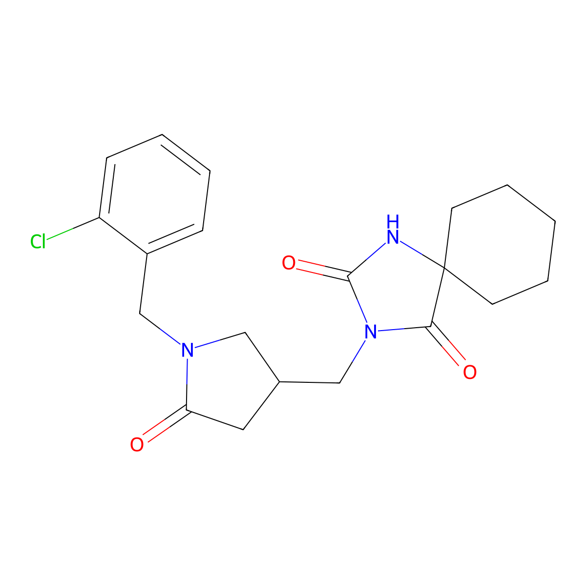 3-({1-[(2-Chlorophenyl)methyl]-5-oxopyrrolidin-3-yl}methyl)-1,3-diazaspiro[4.5]decane-2,4-dione molecular structure, CAS 3054628-06-4