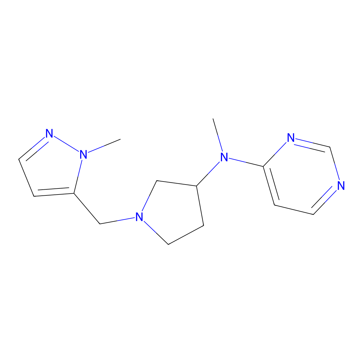 N-methyl-N-{1-[(1-methyl-1H-pyrazol-5-yl)methyl]pyrrolidin-3-yl}pyrimidin-4-amine molecular structure, CAS 3054628-07-5