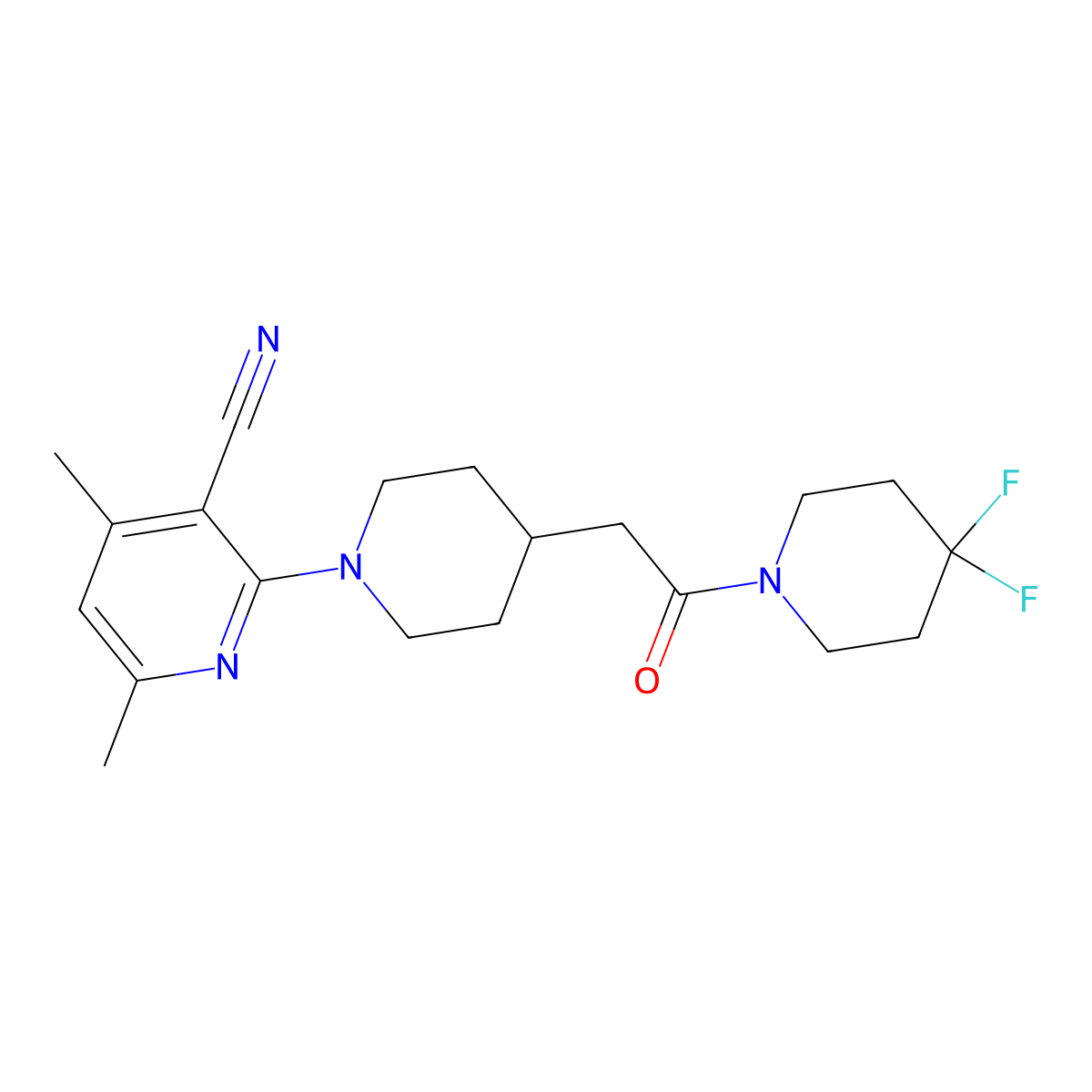 2-{4-[2-(4,4-Difluoropiperidin-1-yl)-2-oxoethyl]piperidin-1-yl}-4,6-dimethylpyridine-3-carbonitrile molecular structure, CAS 3054628-09-7