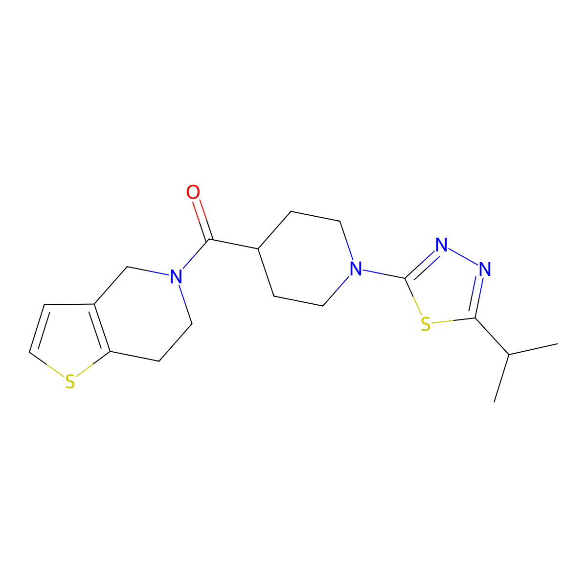 1-[5-(propan-2-yl)-1,3,4-thiadiazol-2-yl]-4-{4H,5H,6H,7H-thieno[3,2-c]pyridine-5-carbonyl}piperidine molecular structure, CAS 3054628-10-0