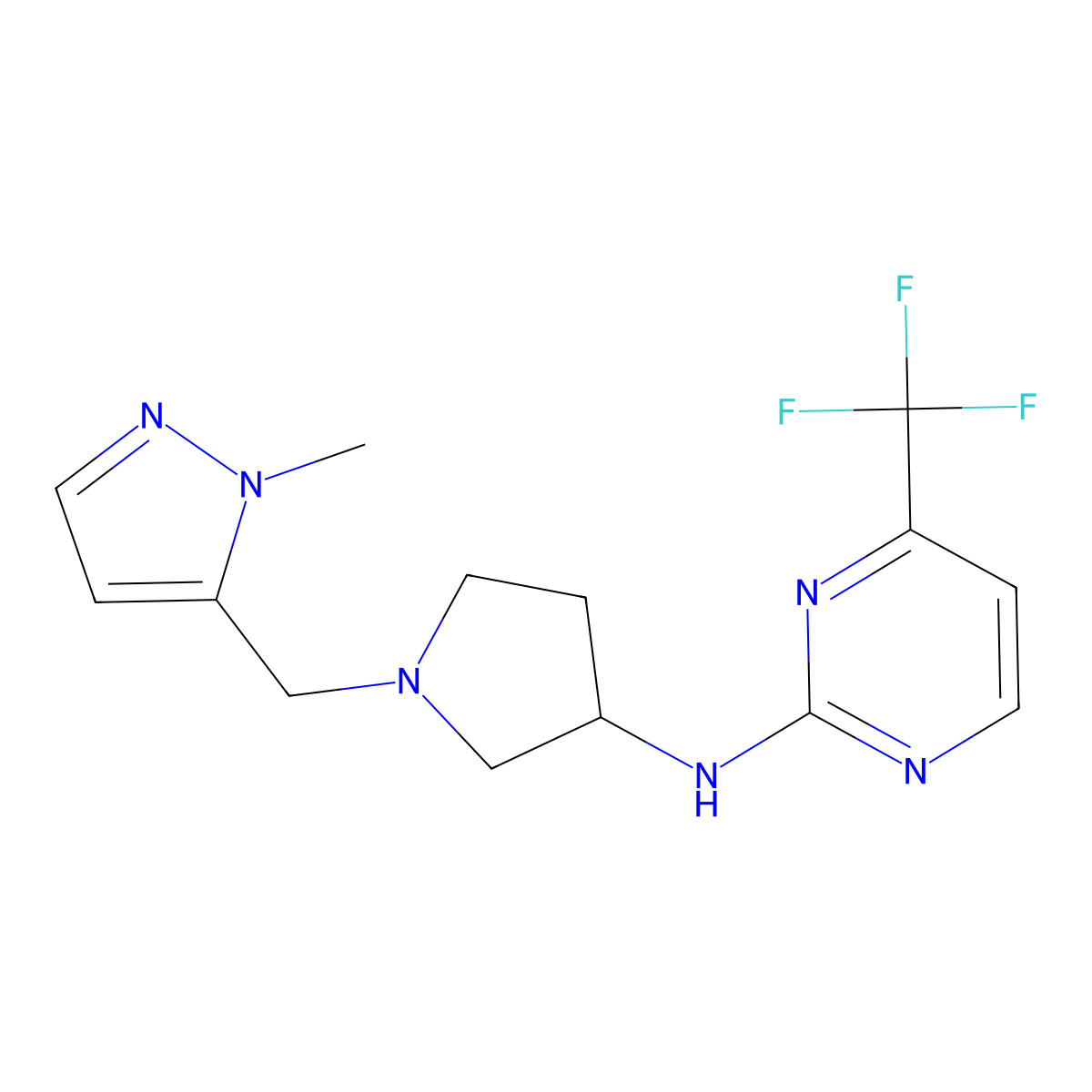 N-{1-[(1-methyl-1H-pyrazol-5-yl)methyl]pyrrolidin-3-yl}-4-(trifluoromethyl)pyrimidin-2-amine molecular structure, CAS 3054628-12-2