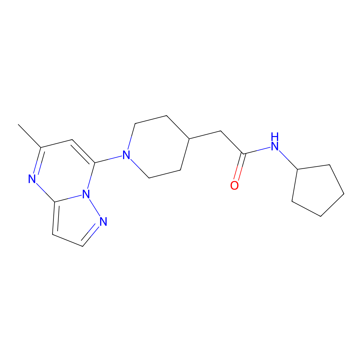 N-cyclopentyl-2-(1-{5-methylpyrazolo[1,5-a]pyrimidin-7-yl}piperidin-4-yl)acetamide molecular structure, CAS 3054628-14-4
