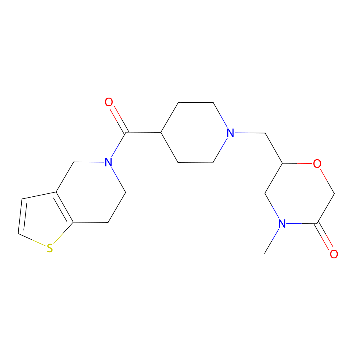 4-methyl-6-[(4-{4H,5H,6H,7H-thieno[3,2-c]pyridine-5-carbonyl}piperidin-1-yl)methyl]morpholin-3-one molecular structure, CAS 3054628-15-5