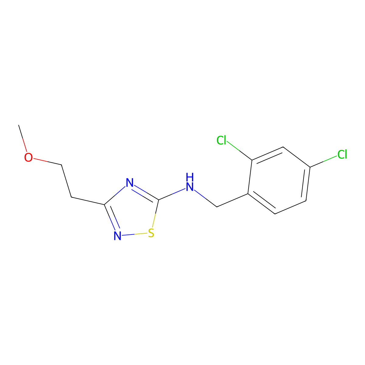 N-[(2,4-dichlorophenyl)methyl]-3-(2-methoxyethyl)-1,2,4-thiadiazol-5-amine molecular structure, CAS 3054628-17-7