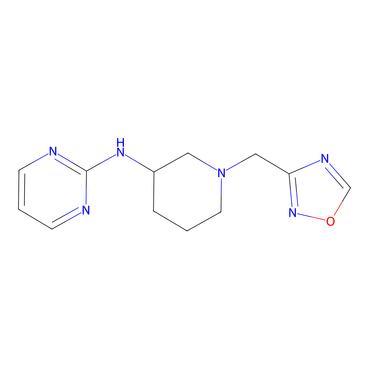 N-{1-[(1,2,4-oxadiazol-3-yl)methyl]piperidin-3-yl}pyrimidin-2-amine molecular structure, CAS 3054628-24-6