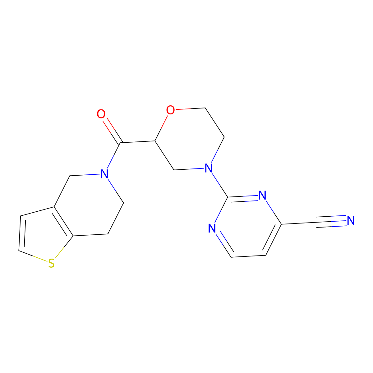 2-(2-{4H,5H,6H,7H-thieno[3,2-c]pyridine-5-carbonyl}morpholin-4-yl)pyrimidine-4-carbonitrile molecular structure, CAS 3054628-27-9