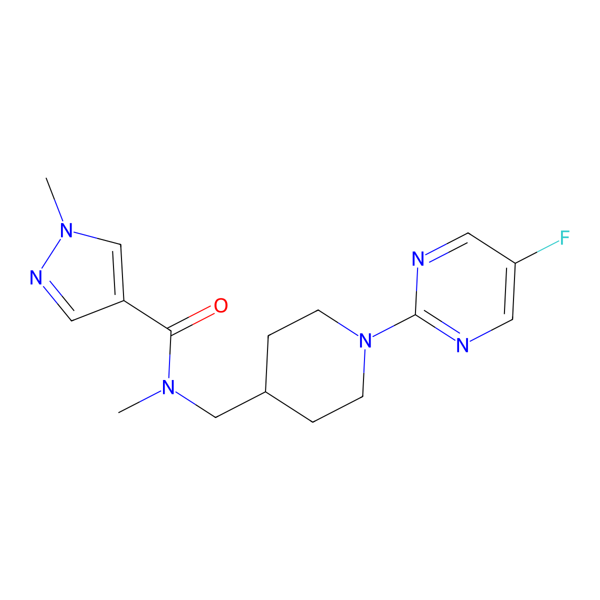 N-{[1-(5-fluoropyrimidin-2-yl)piperidin-4-yl]methyl}-N,1-dimethyl-1H-pyrazole-4-carboxamide molecular structure, CAS 3054628-28-0