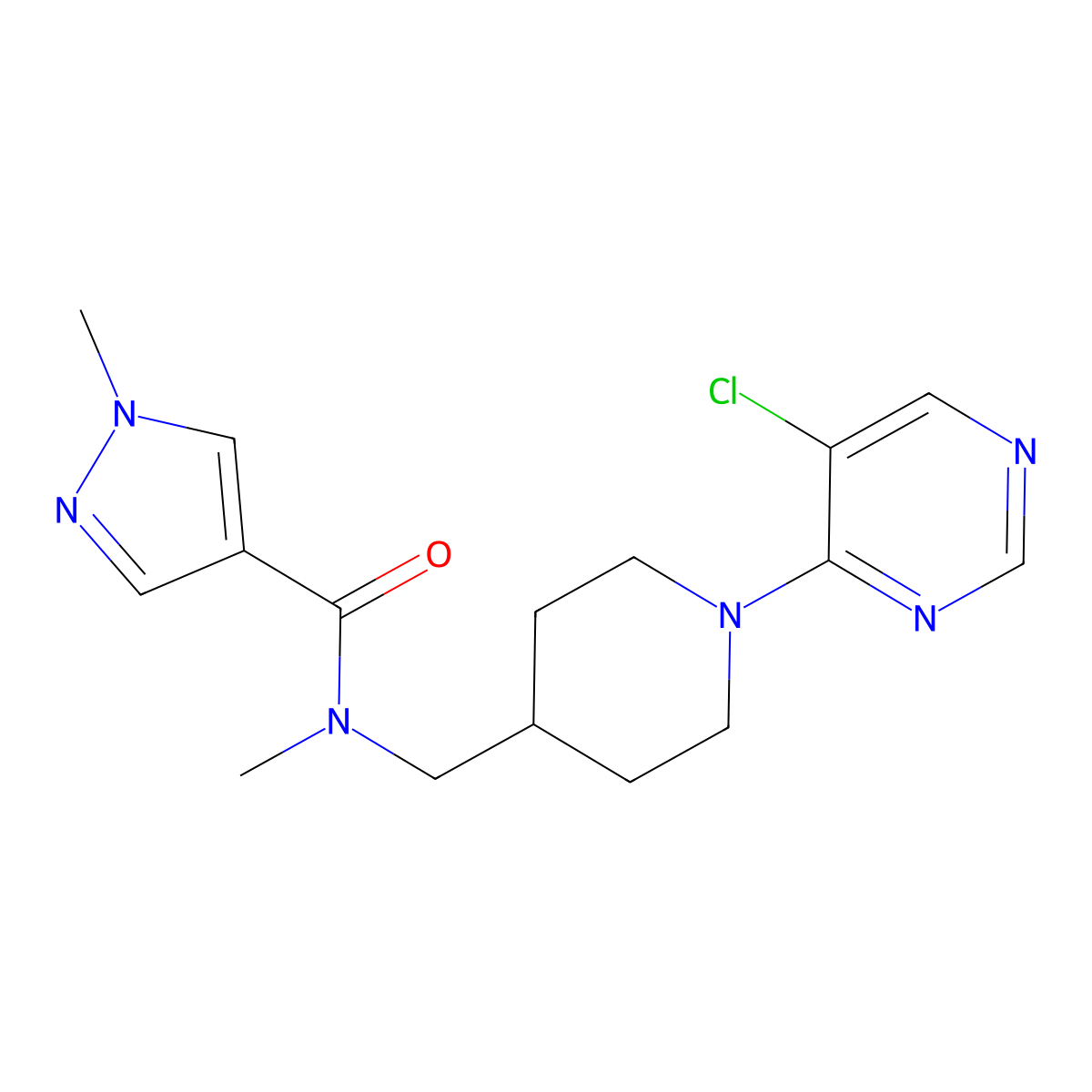 N-{[1-(5-chloropyrimidin-4-yl)piperidin-4-yl]methyl}-N,1-dimethyl-1H-pyrazole-4-carboxamide molecular structure, CAS 3054628-29-1
