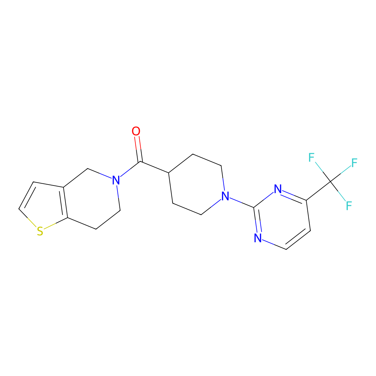 2-(4-{4H,5H,6H,7H-thieno[3,2-c]pyridine-5-carbonyl}piperidin-1-yl)-4-(trifluoromethyl)pyrimidine molecular structure, CAS 3054628-45-1