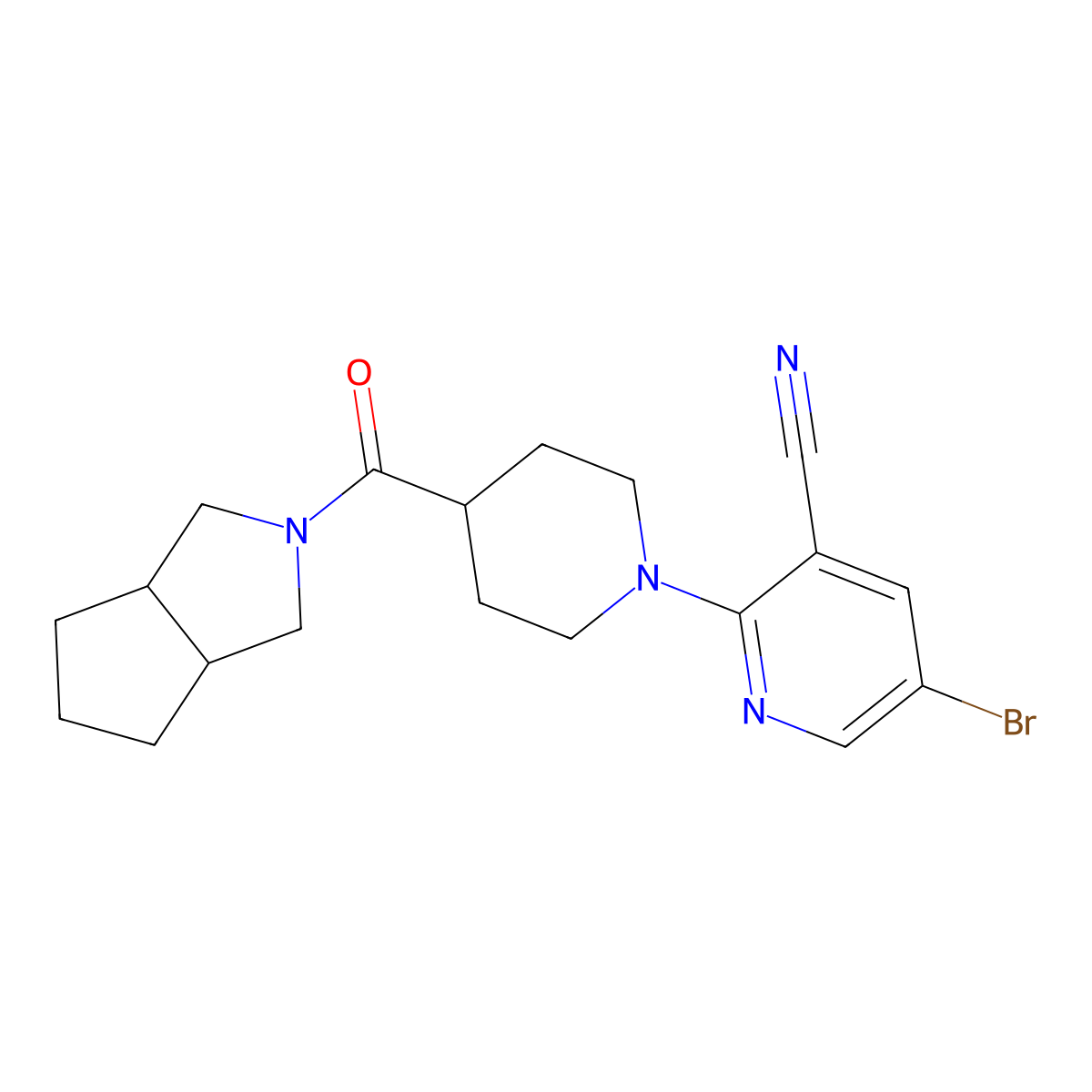 5-Bromo-2-(4-{octahydrocyclopenta[c]pyrrole-2-carbonyl}piperidin-1-yl)pyridine-3-carbonitrile molecular structure, CAS 3054628-46-2