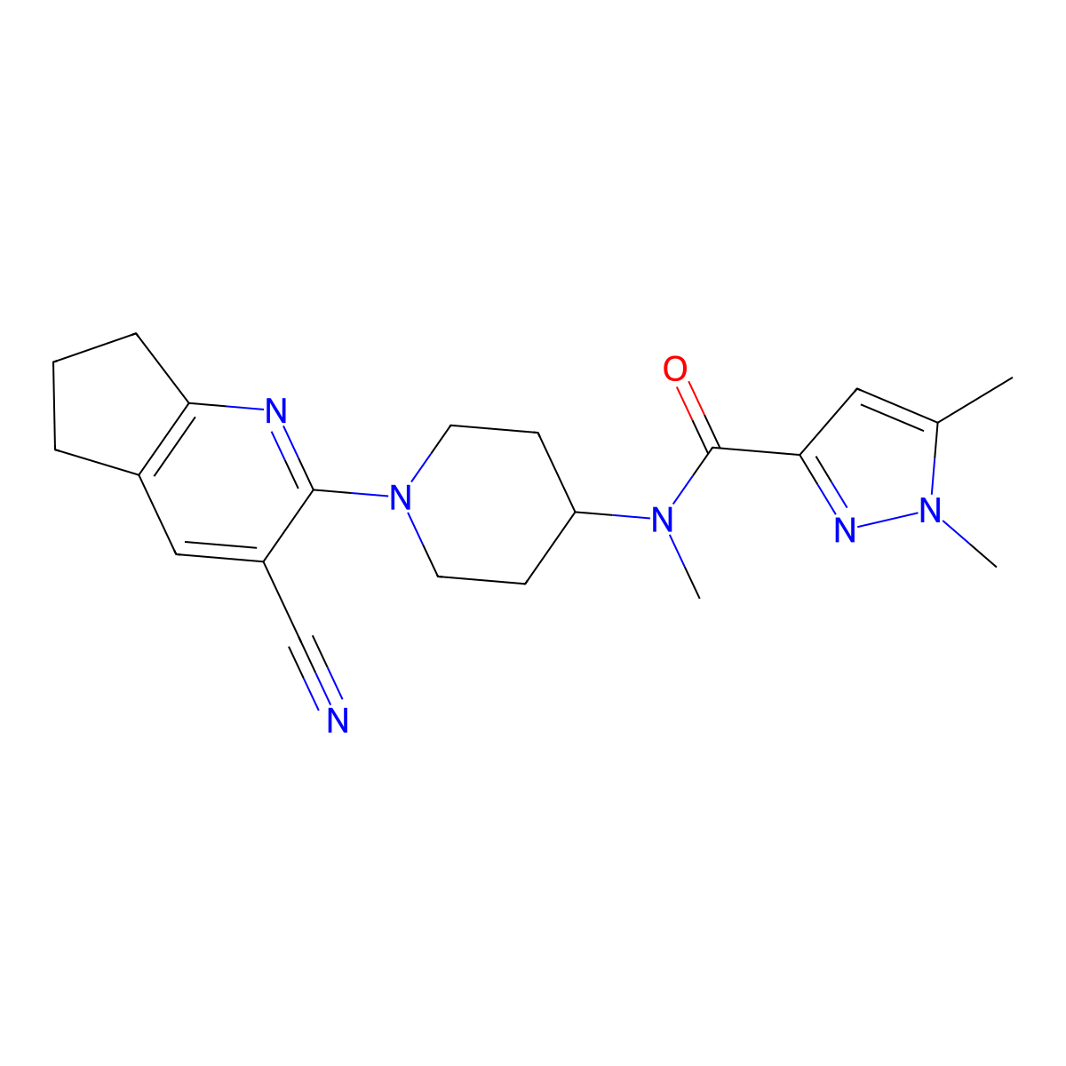 N-(1-{3-cyano-5H,6H,7H-cyclopenta[b]pyridin-2-yl}piperidin-4-yl)-N,1,5-trimethyl-1H-pyrazole-3-carboxamide molecular structure, CAS 3054628-47-3