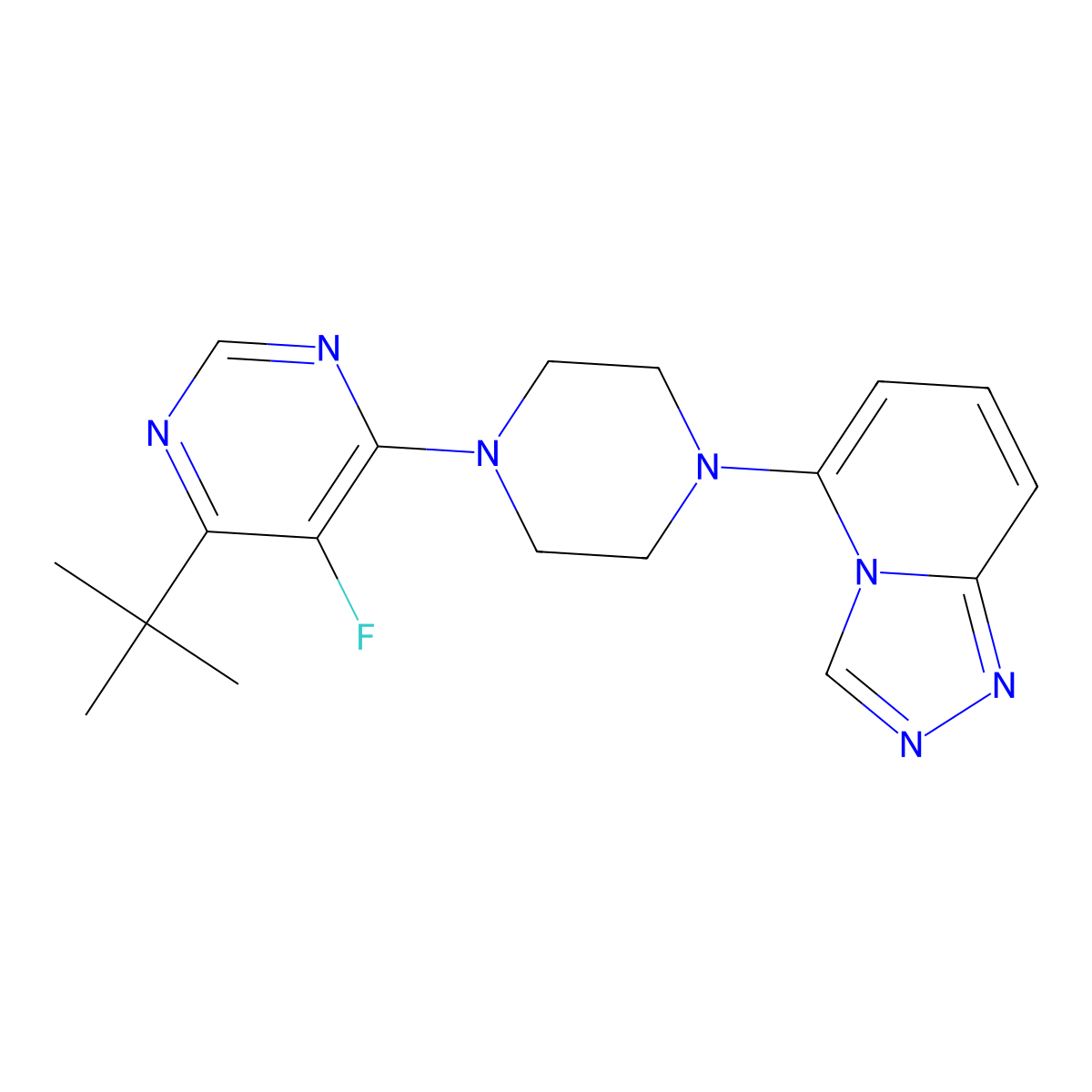 4-Tert-butyl-5-fluoro-6-(4-{[1,2,4]triazolo[4,3-a]pyridin-5-yl}piperazin-1-yl)pyrimidine molecular structure, CAS 3054628-51-9