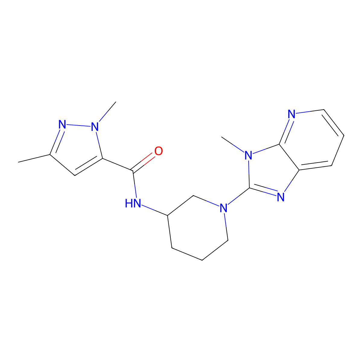 1,3-dimethyl-N-(1-{3-methyl-3H-imidazo[4,5-b]pyridin-2-yl}piperidin-3-yl)-1H-pyrazole-5-carboxamide molecular structure, CAS 3054628-56-4