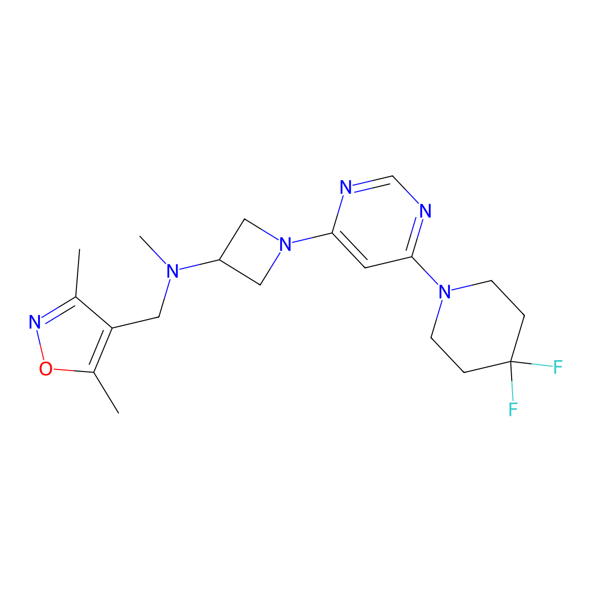 1-[6-(4,4-difluoropiperidin-1-yl)pyrimidin-4-yl]-N-[(3,5-dimethyl-1,2-oxazol-4-yl)methyl]-N-methylazetidin-3-amine molecular structure, CAS 3054628-60-0