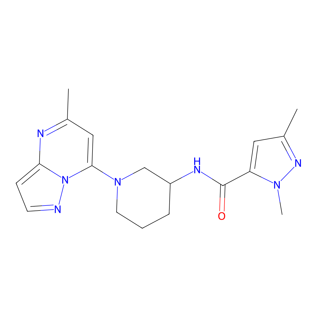 1,3-dimethyl-N-(1-{5-methylpyrazolo[1,5-a]pyrimidin-7-yl}piperidin-3-yl)-1H-pyrazole-5-carboxamide molecular structure, CAS 3054628-62-2