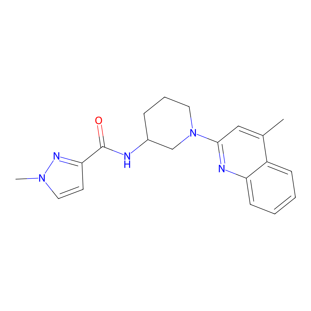 1-methyl-N-[1-(4-methylquinolin-2-yl)piperidin-3-yl]-1H-pyrazole-3-carboxamide molecular structure, CAS 3054628-72-4