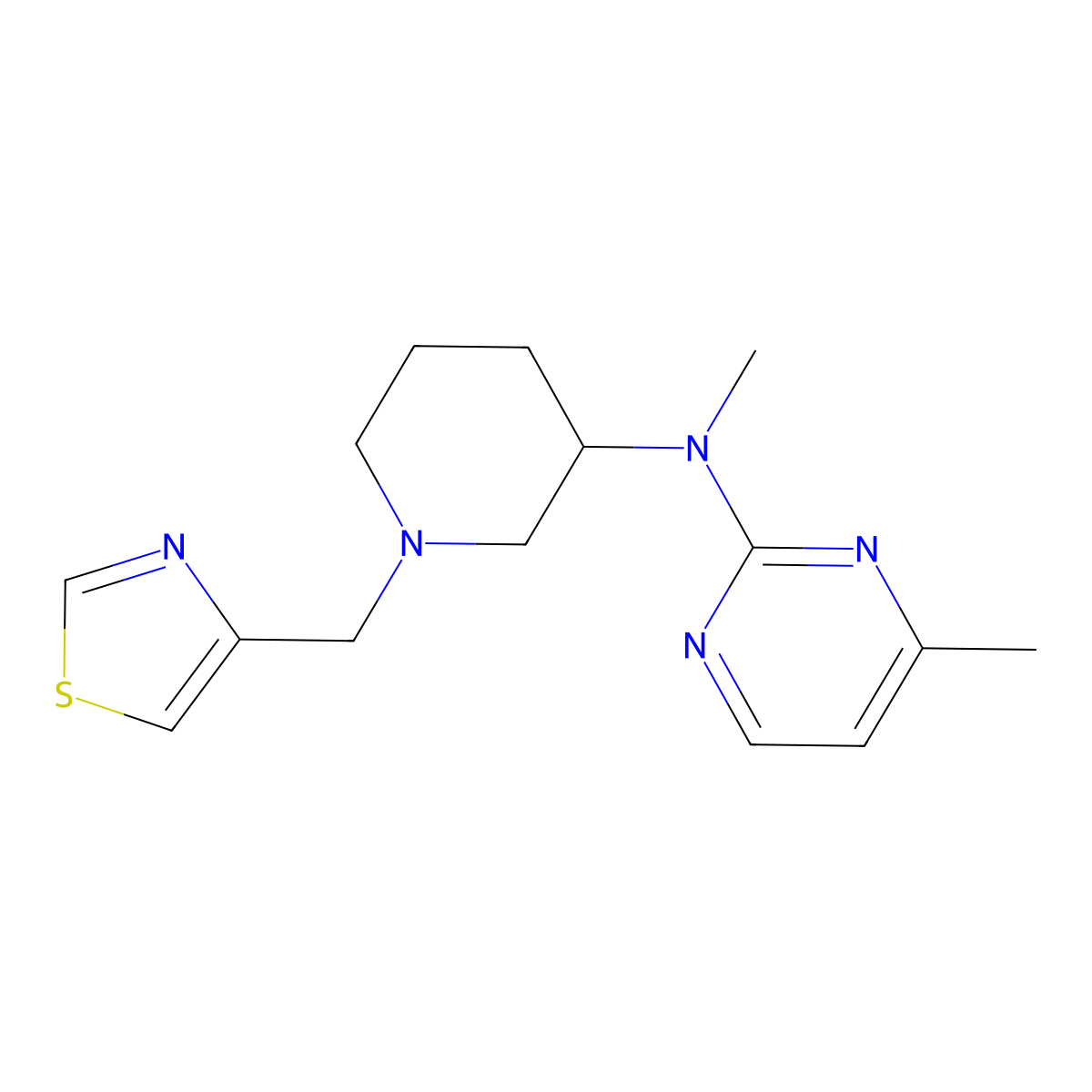 N,4-dimethyl-N-{1-[(1,3-thiazol-4-yl)methyl]piperidin-3-yl}pyrimidin-2-amine molecular structure, CAS 3054628-75-7