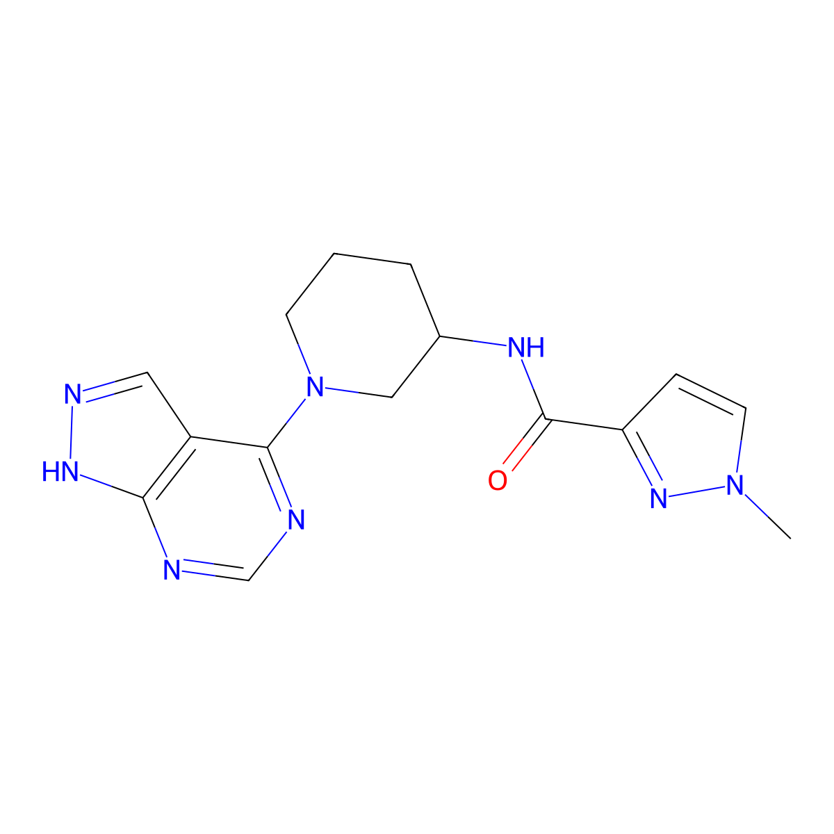 1-methyl-N-(1-{1H-pyrazolo[3,4-d]pyrimidin-4-yl}piperidin-3-yl)-1H-pyrazole-3-carboxamide molecular structure, CAS 3054628-77-9