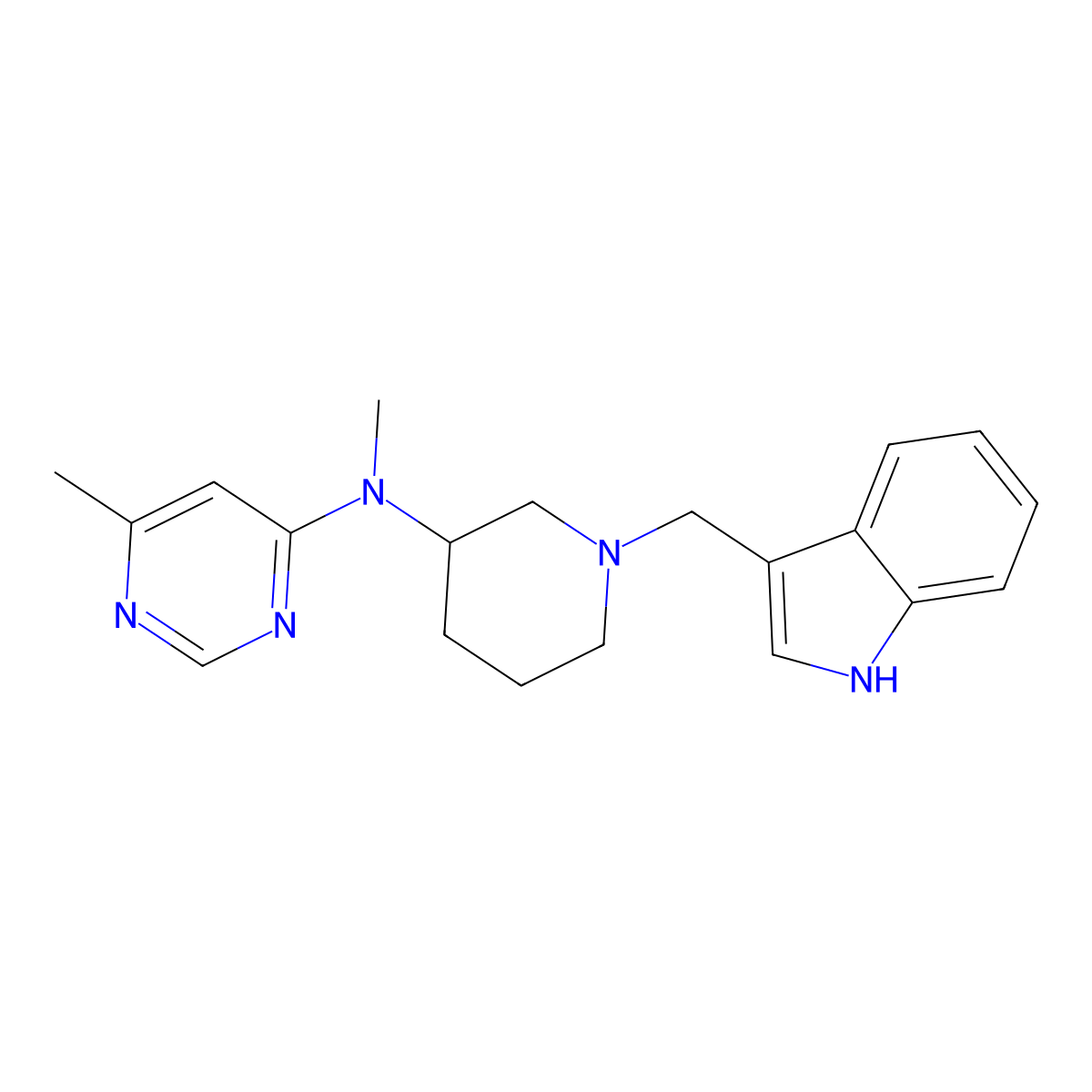 N-{1-[(1H-indol-3-yl)methyl]piperidin-3-yl}-N,6-dimethylpyrimidin-4-amine molecular structure, CAS 3054628-79-1