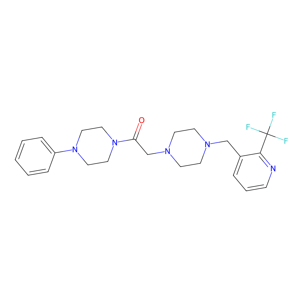 1-(4-Phenylpiperazin-1-yl)-2-(4-{[2-(trifluoromethyl)pyridin-3-yl]methyl}piperazin-1-yl)ethan-1-one molecular structure, CAS 3054628-85-9