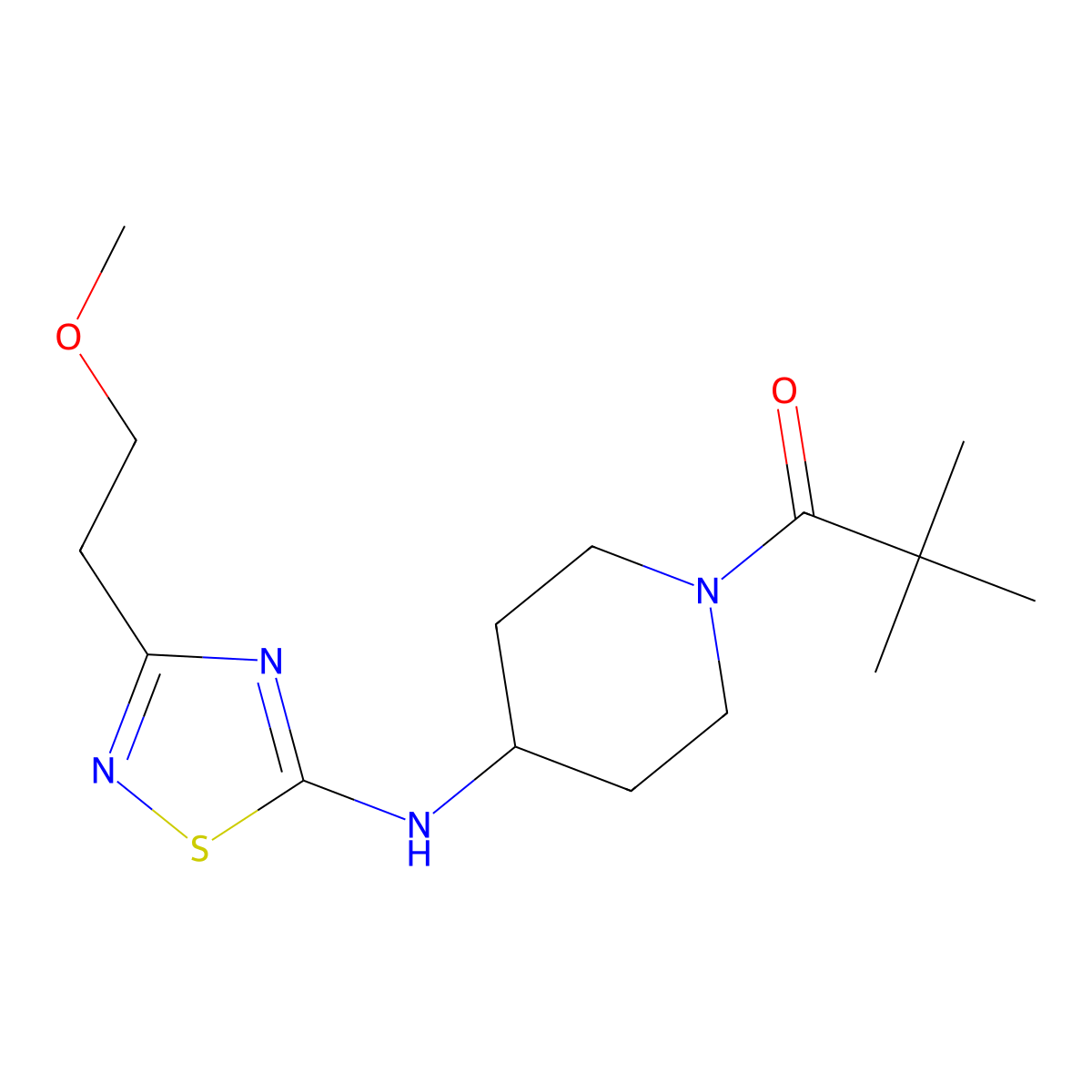 1-(4-{[3-(2-Methoxyethyl)-1,2,4-thiadiazol-5-yl]amino}piperidin-1-yl)-2,2-dimethylpropan-1-one molecular structure, CAS 3054628-87-1