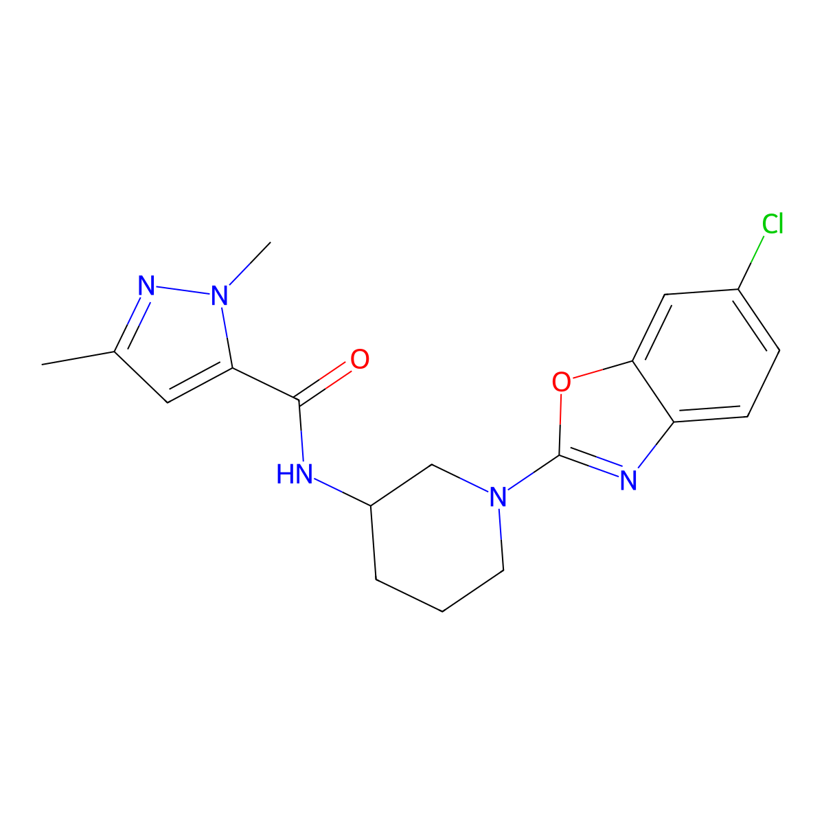 N-[1-(6-chloro-1,3-benzoxazol-2-yl)piperidin-3-yl]-1,3-dimethyl-1H-pyrazole-5-carboxamide molecular structure, CAS 3054628-91-7