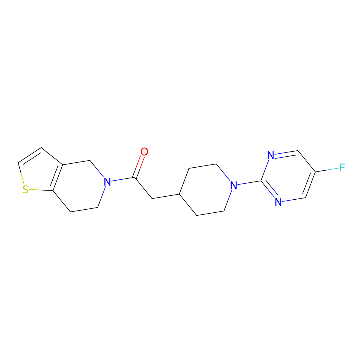 2-[1-(5-fluoropyrimidin-2-yl)piperidin-4-yl]-1-{4H,5H,6H,7H-thieno[3,2-c]pyridin-5-yl}ethan-1-one molecular structure, CAS 3054628-94-0