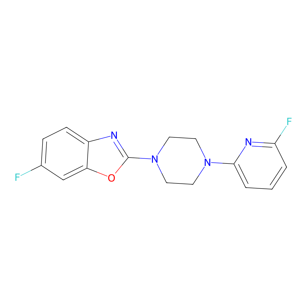 6-Fluoro-2-[4-(6-fluoropyridin-2-yl)piperazin-1-yl]-1,3-benzoxazole molecular structure, CAS 3054629-01-2