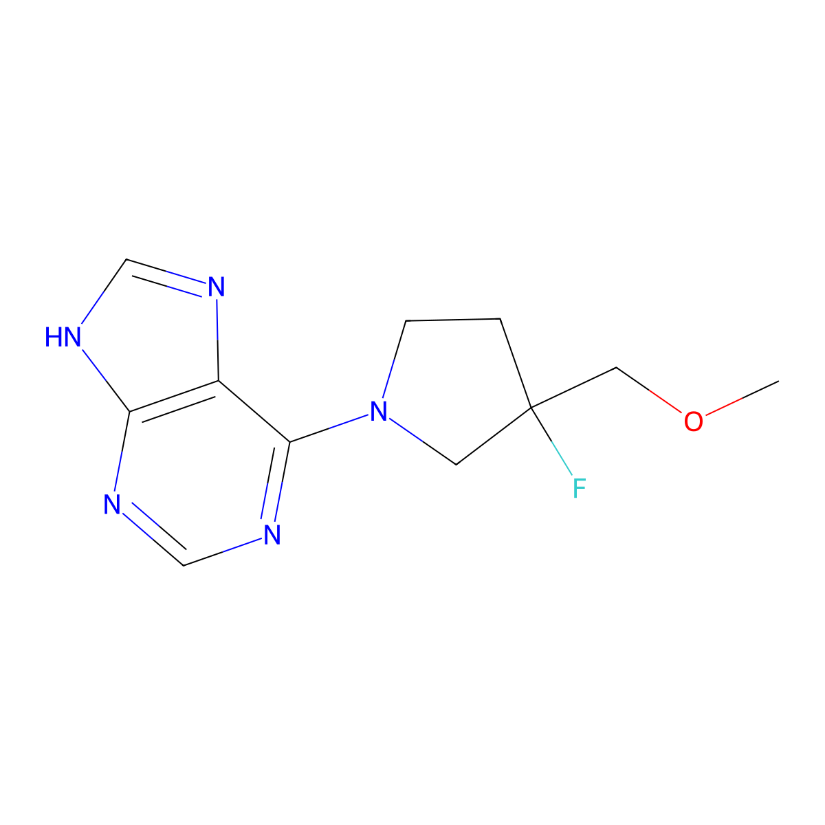 6-[3-fluoro-3-(methoxymethyl)pyrrolidin-1-yl]-9H-purine molecular structure, CAS 3054629-03-4